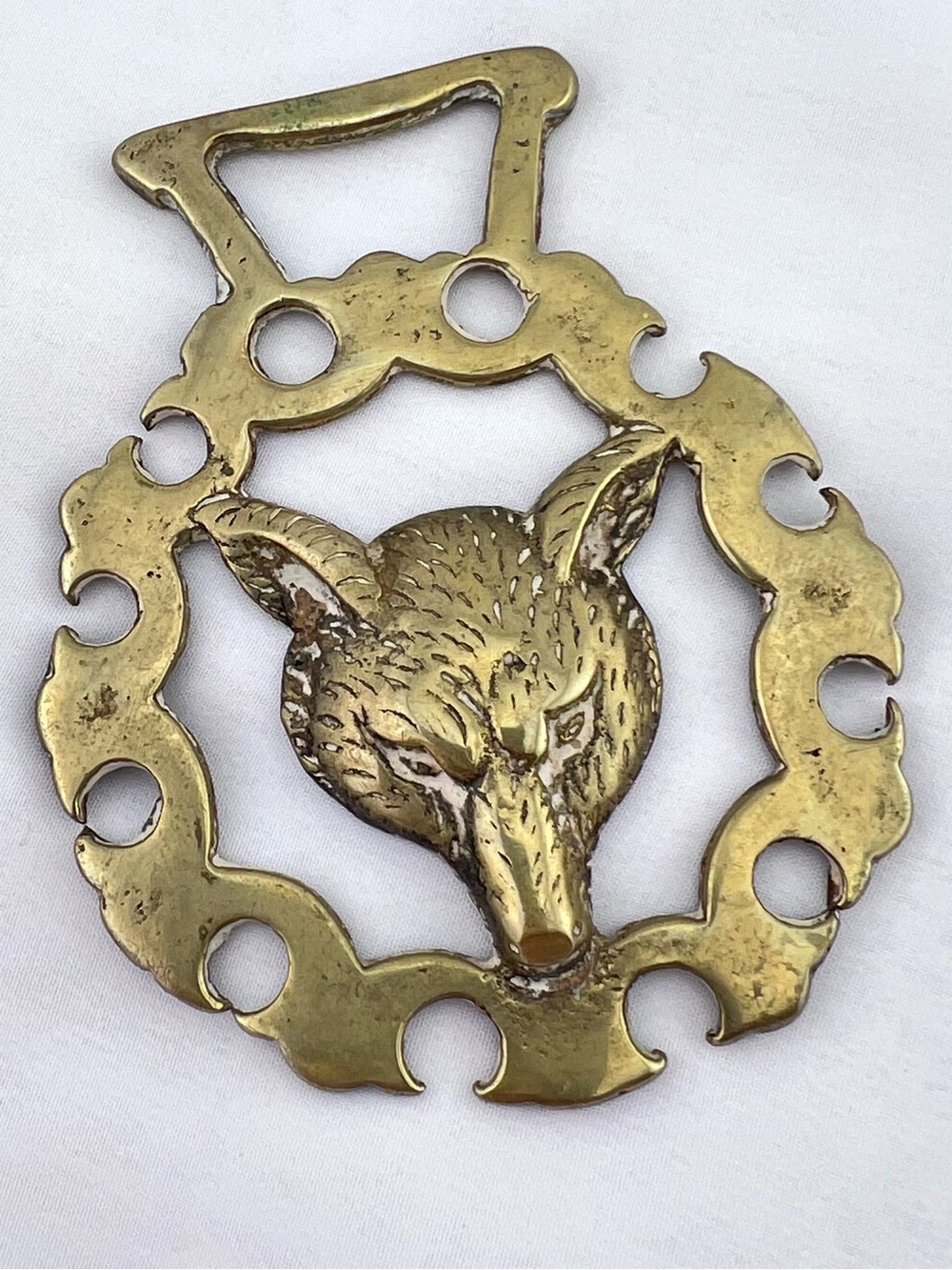 Brass Horse Medallion Vintage English Fox Head Hunt Crown Border Parade Harness